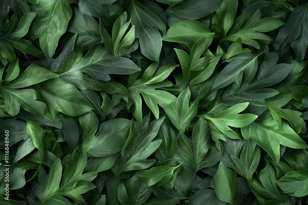 A close-up view of various green leaves layered together. A close-up view of various green leaves layered together.