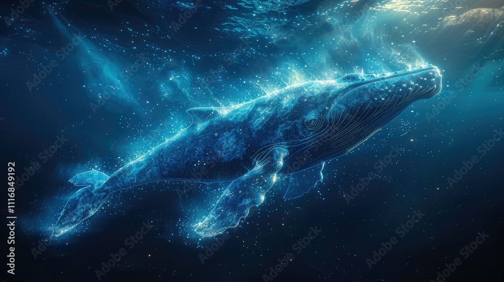 Fototapeta premium Glowing blue whale swimming underwater.