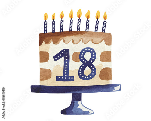 Watercolor illustration of an 18th birthday cake with candles on a stand, perfect for celebrating a milestone event in a joyful setting