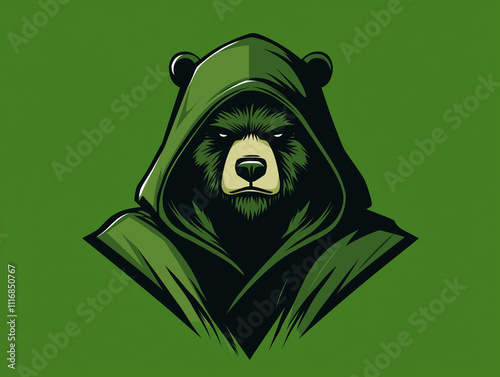 Mysterious Bear in Green Hood Illustration of a fierce bear wearing a green hood, set against a solid green background photo