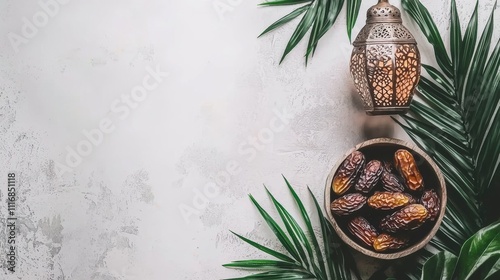 Traditional date palm fruits with lanterns middle eastern setting food photography cozy atmosphere photo