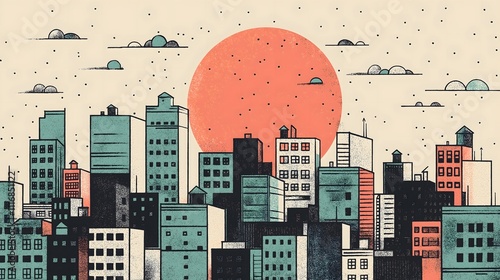 Abstract Urban Cityscape Illustration with Large Sun in the Background