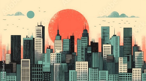 Illustrative City Skyline With Sun And Unique Color Palette