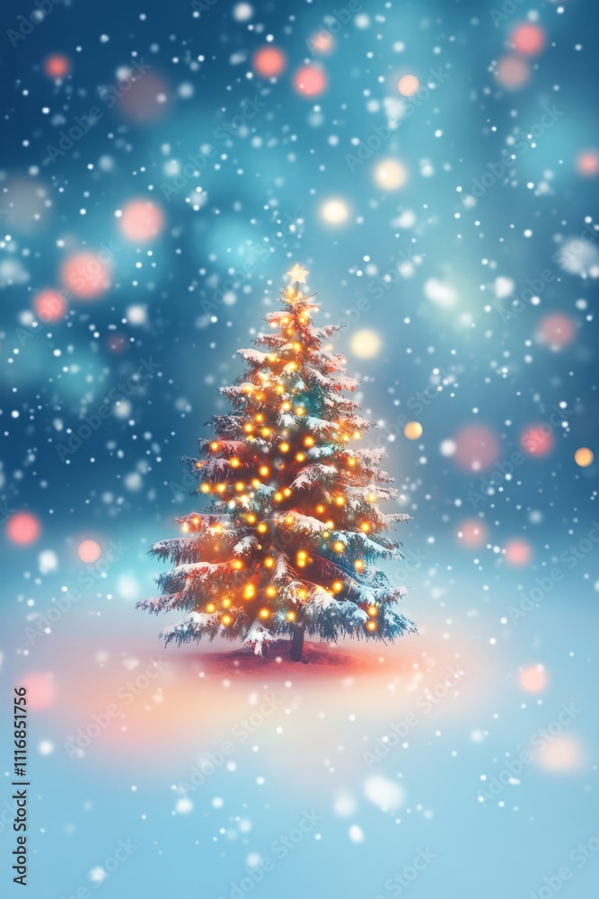 A detailed close-up of a beautifully decorated Christmas tree adorned with twinkling lights, set against a backdrop of glistening snow. A detailed close-up of a beautifully decorated Christmas tree adorned with twinkling lights, set against a backdrop of glistening snow.