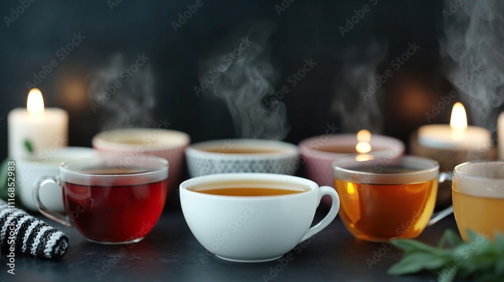 Collection hot drink tea cozy concept. Assorted Teacups with Steaming Tea and Candles Collection hot drink tea cozy concept. Assorted Teacups with Steaming Tea and Candles