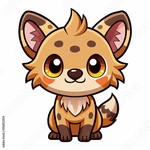 Adorable cartoon hyena pup with big eyes, sitting.