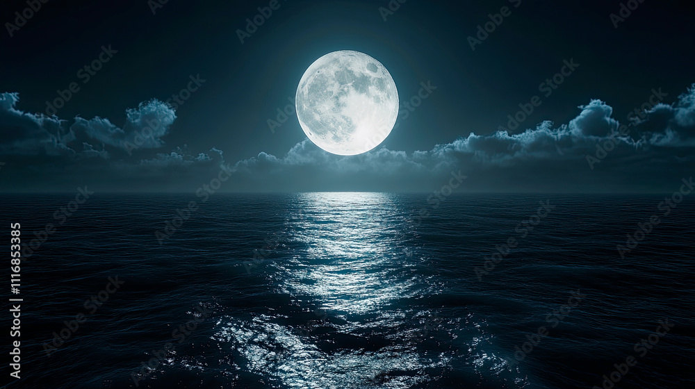 A celestial scene featuring a giant full moon above a calm ocean, with waves softly glowing under moonlight, a dreamy and peaceful nightscape A celestial scene featuring a giant full moon above a calm ocean, with waves softly glowing under moonlight, a dreamy and peaceful nightscape