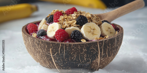 A vibrant Brazilian aÃ§ai bowl, with a frozen aÃ§ai berry base topped with granola, sliced bananas, fresh berries, and a drizzle of honey, served in a rustic coconut bowl. The dish feels fresh and photo