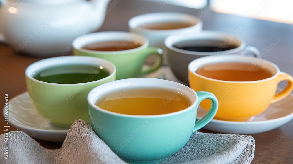 Collection hot drink tea cozy concept. Colorful Teacups Displaying Various Tea Types Collection hot drink tea cozy concept. Colorful Teacups Displaying Various Tea Types