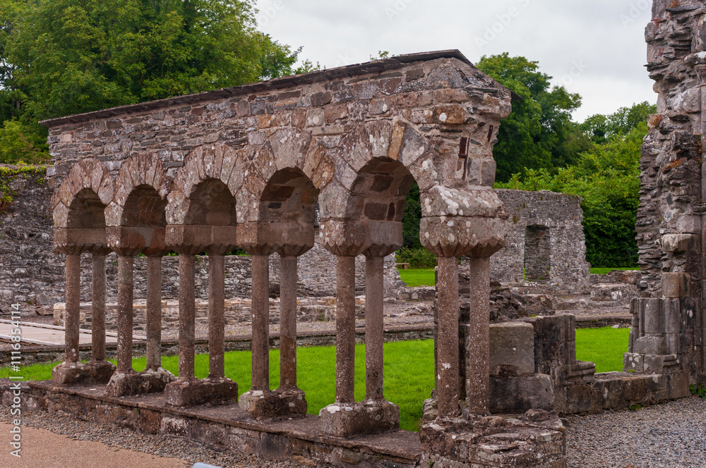 Obraz premium The arched stone pillars are part of a building that is surrounded by grass