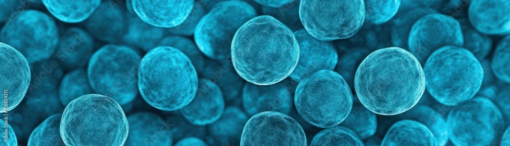 Naklejka premium Abstract close-up image of glowing spherical cells in vibrant blue tones, representing microscopic life forms and cellular structure in a scientific context