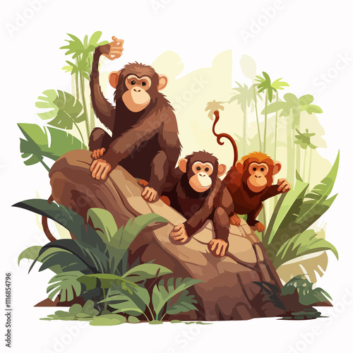 Vibrant Illustration of Monkeys in Lush Jungle Environment for Wildlife Content photo