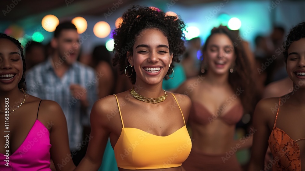 Friends partying fun night dance floor concept. Friends Enjoying Music and Dancing in a Crowded Setting Friends partying fun night dance floor concept. Friends Enjoying Music and Dancing in a Crowded Setting