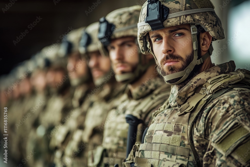 Obraz premium Group of armed soldiers standing at attention in formation