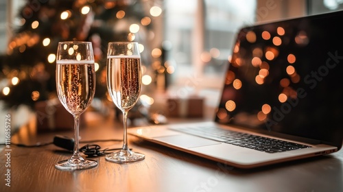 Champagne glasses beside a laptop in a festive setting.