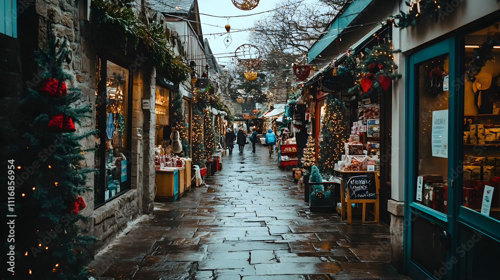 Fototapeta premium Charming Christmas Market Basks in Soft Evening Rain