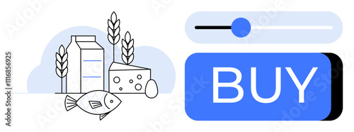 Milk carton, cheese, fish, egg, and wheat stalks grouped with a Buy button and slider. Ideal for online grocery, e-commerce, food delivery, shopping apps, retail, digital purchases, farming. Line