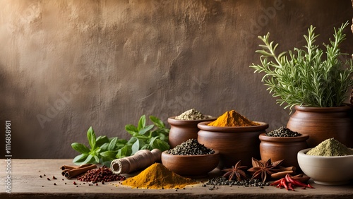 Aromatic spices and herbs in rustic bowls on wooden table.