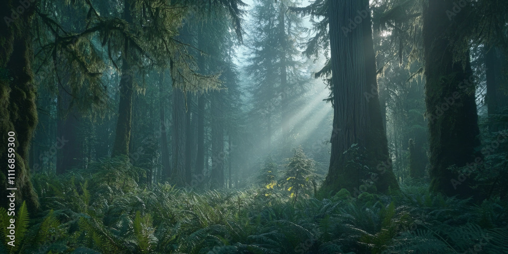 A dense, misty forest at dawn, with towering pine trees and a carpet of ferns and moss covering the forest floor. Soft rays of sunlight break through the fog, casting a gentle glow on the tranquil