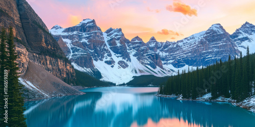 Majestic mountain range covered in snow, with a calm, reflective lake at the base. The lake's edge is surrounded by pine trees, and the sky above features soft pink and orange hues of sunset, creating