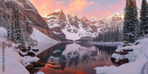 Majestic mountain range covered in snow, with a calm, reflective lake at the base. The lake's edge is surrounded by pine trees, and the sky above features soft pink and orange hues of sunset, creating