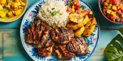 A vibrant Caribbean jerk chicken plate, with spicy grilled chicken thighs, coconut rice, fried plantains, and a side of mango salsa, served on a tropical-themed table. The meal looks bold and photo