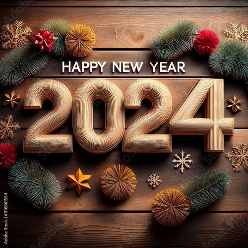 Happy New Year 2024 alphabet letters decoration on wooden background