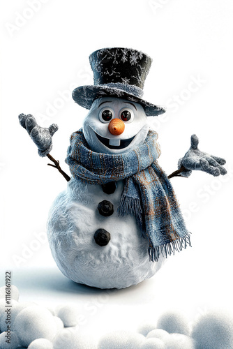 A cheerful snowman stands in a snowy landscape wearing a scarf and a top hat, raising its arms as if inviting others to join in the winter fun under bright skies.