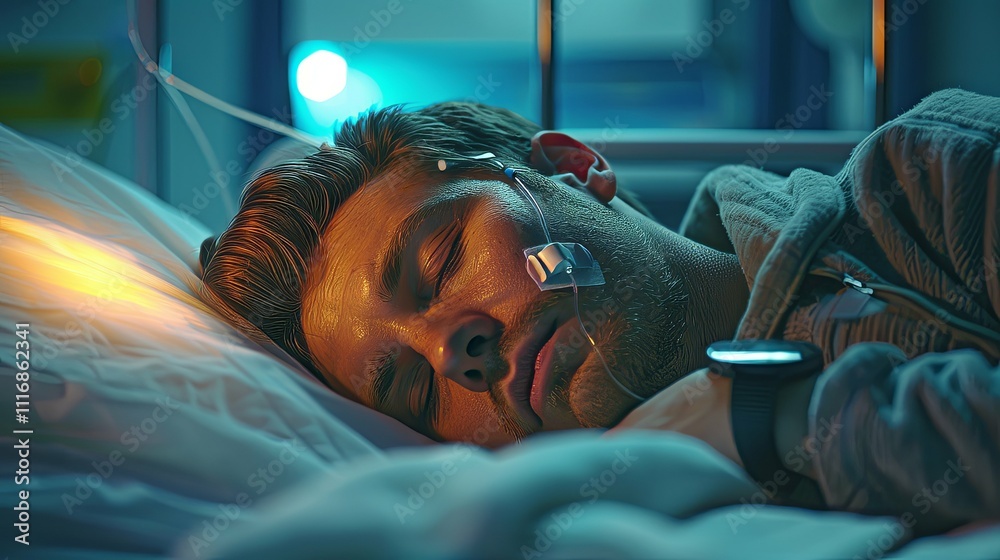 Obraz premium Young man sleeping peacefully in a hospital bed, attached to medical monitoring equipment.