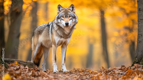 A lone wolf stands in an autumn forest, its fur blending with the fallen leaves. photo