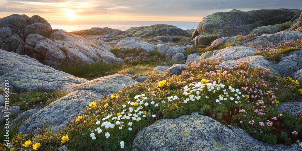 Fototapeta premium A pristine tundra landscape with patches of wildflowers and moss growing between the rocks. In the distance, the Arctic Ocean shimmers under the pale light of the midnight sun.