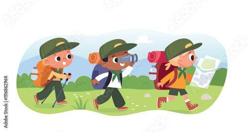 Group of boy scouts girl scouts, walking by route vacation trip, young tourists traveling kids walking by pathway through valley with travel bag backpacks and map. Travelers collection. Hiker traveler