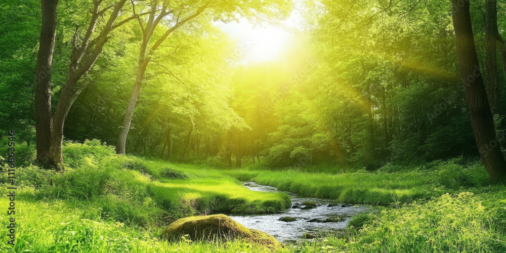 Obraz premium A tranquil forest glade with a small stream flowing through it. The surrounding trees are tall and majestic, and the sunlight filters through their leaves.