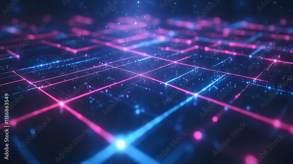 Fototapeta premium Abstract digital grid with glowing blue and pink lines, evoking a futuristic tech environment.