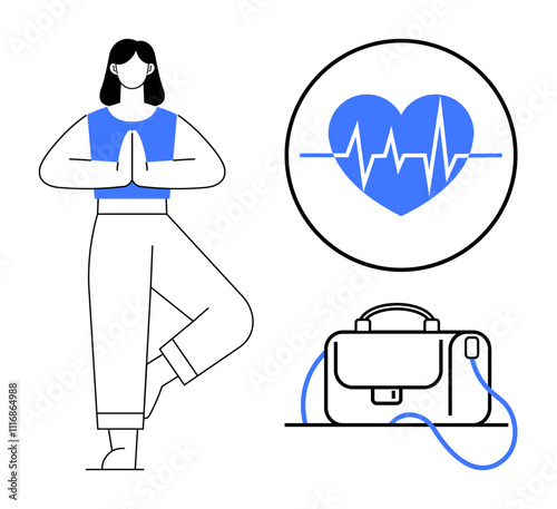 Woman doing yoga pose, heartbeat icon indicating wellness, gym bag. Ideal for fitness, health, meditation, relaxation, mental well-being, lifestyle, and self-care topics. Line metaphor