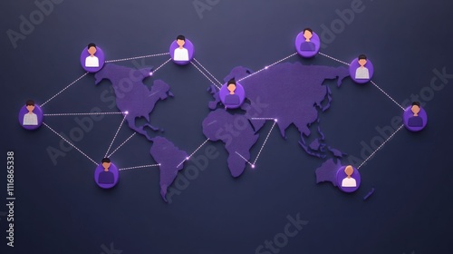 Global Network of People Connected Through Digital Communication Represented on a World Map with Colorful Icons and Lines Illustrating Collaboration