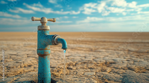 solitary water faucet dispensing a single droplet symbolizing scarcity fragility of life conservation sustainability and the urgency of water preservation in a minimalistic setting photo