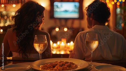 Romantic candlelit dinner for two, enjoying wine and a meal while watching TV. photo