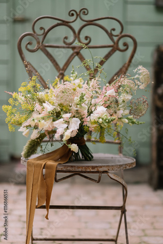 Elegant pastel floral bouquet on rustic metal chair. photo