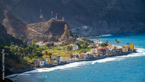 Sunrise over Vila das pombas village on the trekking island of Santo Antonio, Cape Verde