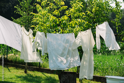 Clean white clothes on a washing line in a backyard photo