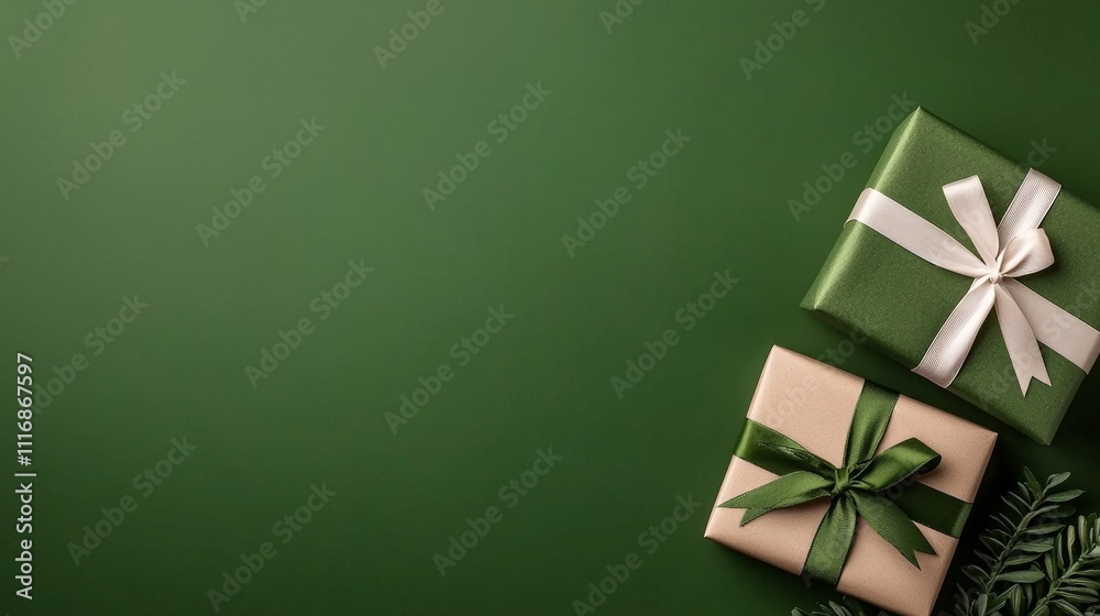 Two elegantly wrapped gifts with ribbons on a green background. Space for text. Two elegantly wrapped gifts with ribbons on a green background. Space for text.