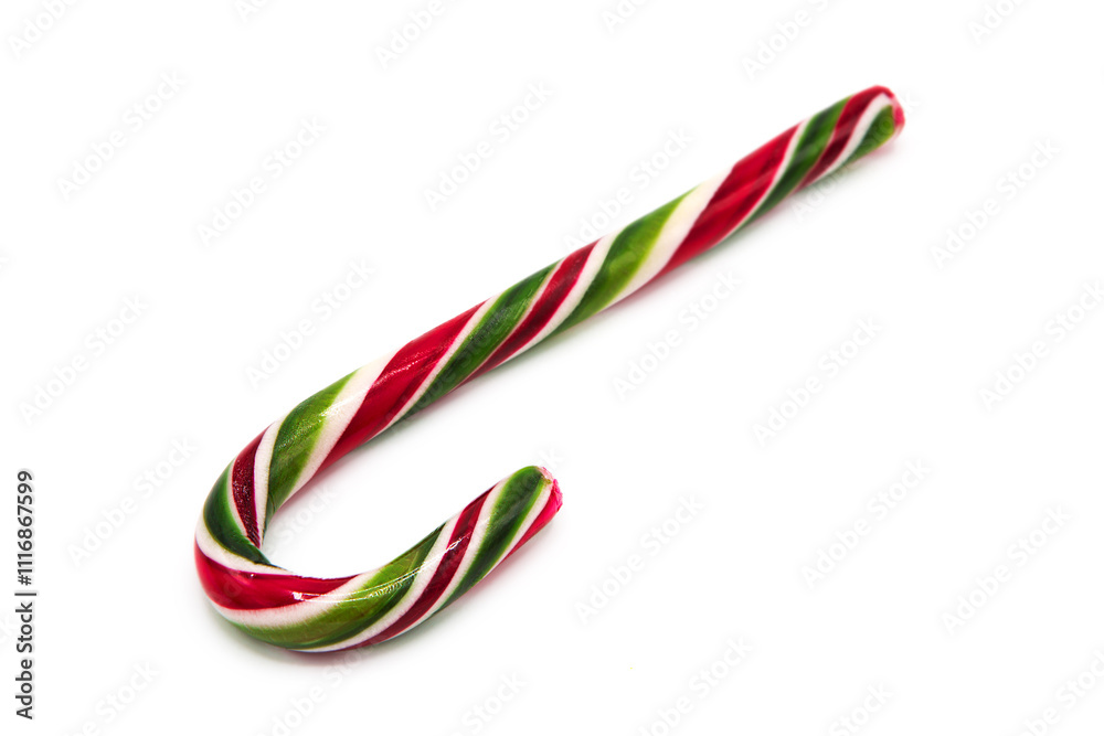 Fototapeta premium Classic glossy christmas candy cane lollipop isolated on white background. Kids festive sweets and treats. Symbol of gifts for the winter holidays. 