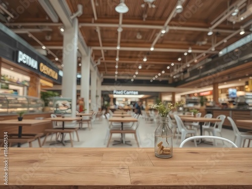 Blurred food court interior with wooden table, modern design, coffee shops, and vibrant dining space photo