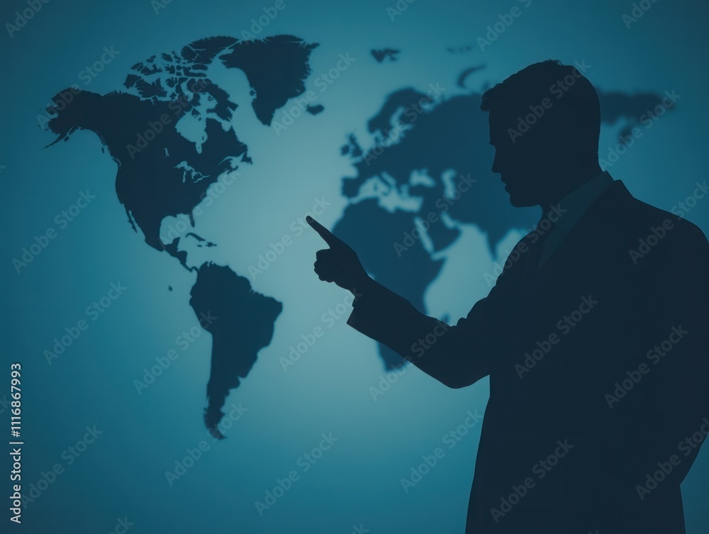 Businessman Silhouette Pointing to World Map in Dark Room, Concept of Global Business Strategy, International Trade and Networking Opportunities in Modern Economy Businessman Silhouette Pointing to World Map in Dark Room, Concept of Global Business Strategy, International Trade and Networking Opportunities in Modern Economy
