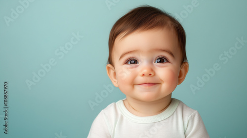 joyful baby with brown hair and big eyes smiles against light blue background, radiating happiness and innocence.