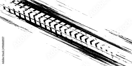 Grunge tire track, wheel braking marks. Truck, car or motorcycle tread pattern silhouette. Auto race, motorsport, speed racing design element. Vector illustration