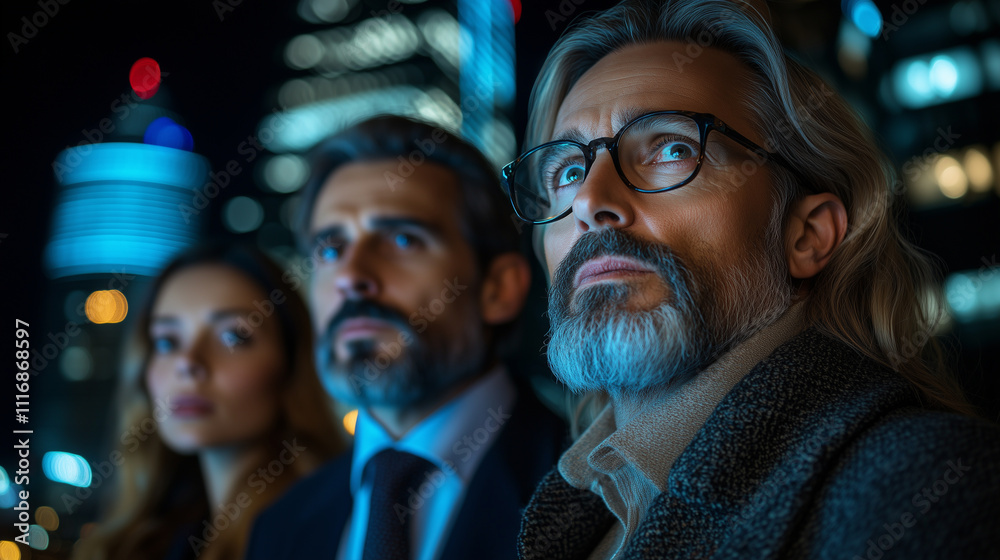 Obraz premium Professionals Observing City Skyline at Night With Bright Lights and Buildings