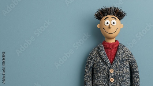 Happy puppet man in sweater against blue background. photo