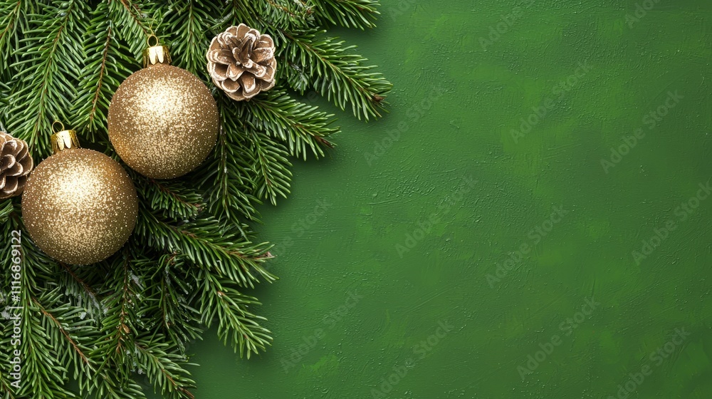 Festive Christmas background with gold ornaments, pine cones, and fir branches on green. Festive Christmas background with gold ornaments, pine cones, and fir branches on green.